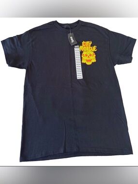 City Morgue Adults Black Graphic Tee with Yellow & Orange Skull
